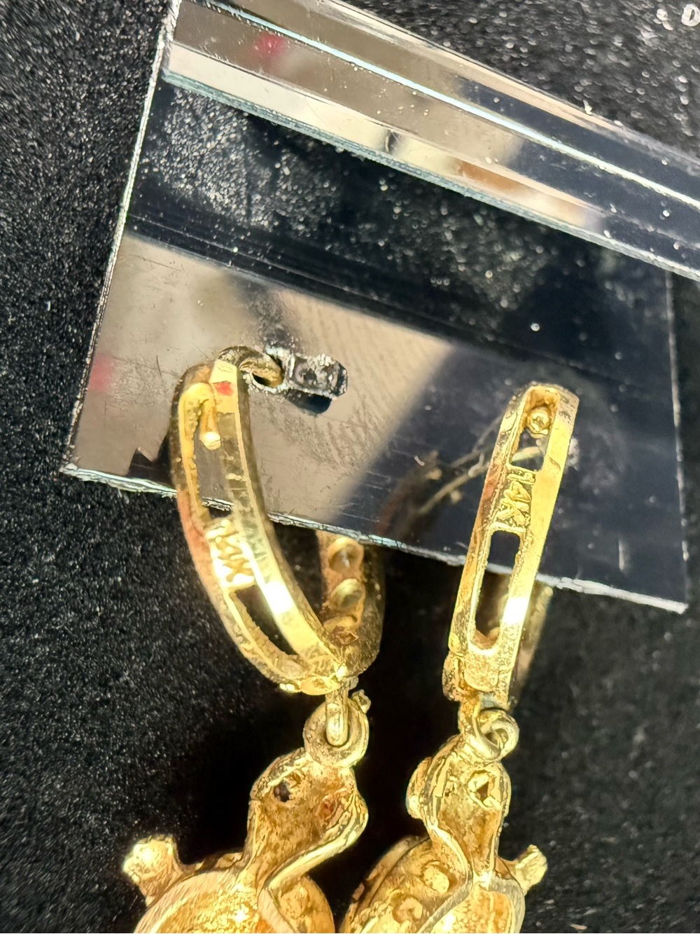14K Tri Color Gold CZ Turtle Drop Dangle Huggies Hoop Earrings 3.7 Grams - Picture 8 of 16